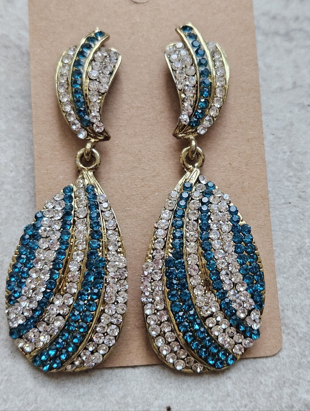Gold-Tone Teardrop Earrings with Blue and Clear Crystals